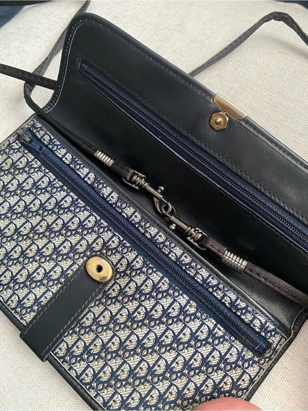 Vintage Christian Dior Clutch Wallet EUC Strap Added Navy Canvas/Leather Bag